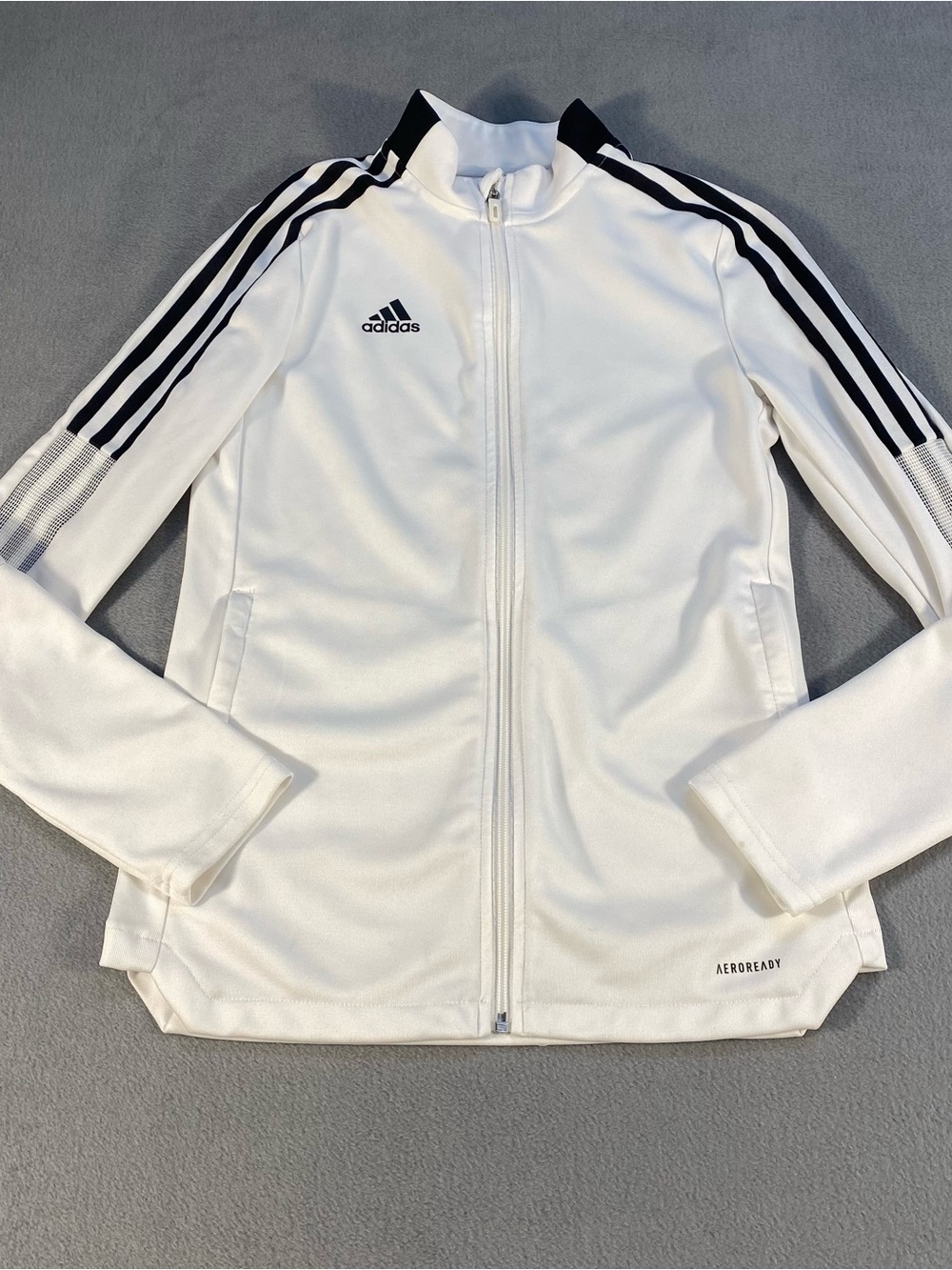 Adidas Women’s White Full-Zip Track Jacket with Black Stripes on sleeve, size S